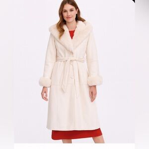 Fabulous Furs Cream Faux Suede Fur Trimmed Coat